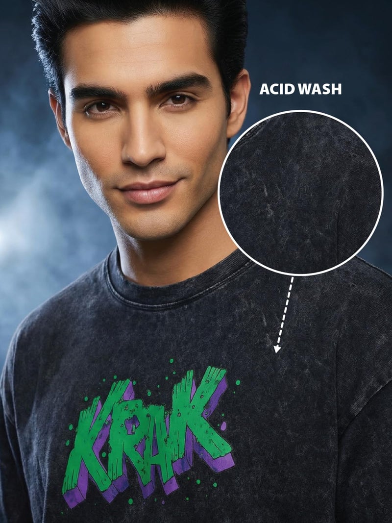 Veirdo® Men's Graphic Print Oversized Fit Half Sleeve Round Neck Cotton Acid Wash T-Shirt in Black Colors with Sizes L - Image 4