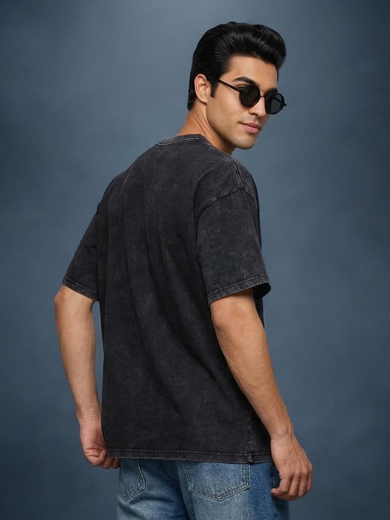 Veirdo® Men's Graphic Print Oversized Fit Half Sleeve Round Neck Cotton Acid Wash T-Shirt in Black Colors with Sizes L - Image 3