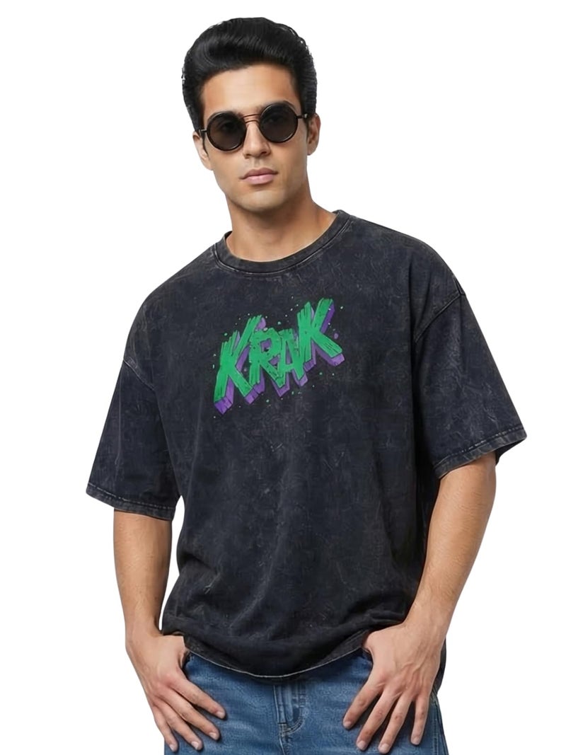Veirdo® Men's Graphic Print Oversized Fit Half Sleeve Round Neck Cotton Acid Wash T-Shirt in Black Colors with Sizes L - Image 1