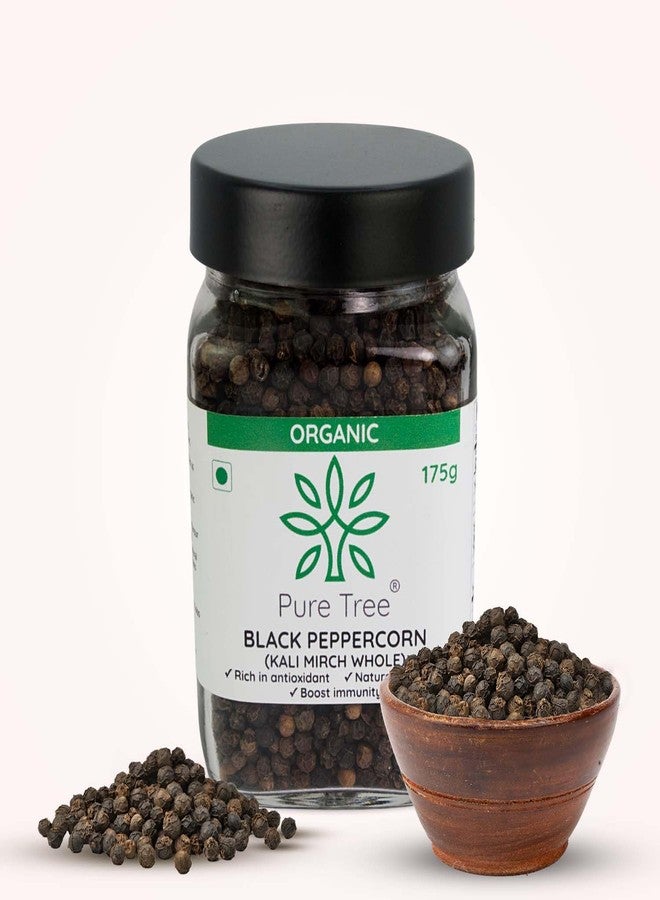 Pure Tree Certified Organic Kali Mirch Whole | 175 g | Glass Jar | Organic Black Pepper Whole | Black Peppercorn | Aromatic Seeds | Miriyalu Whole Spices - Image 1