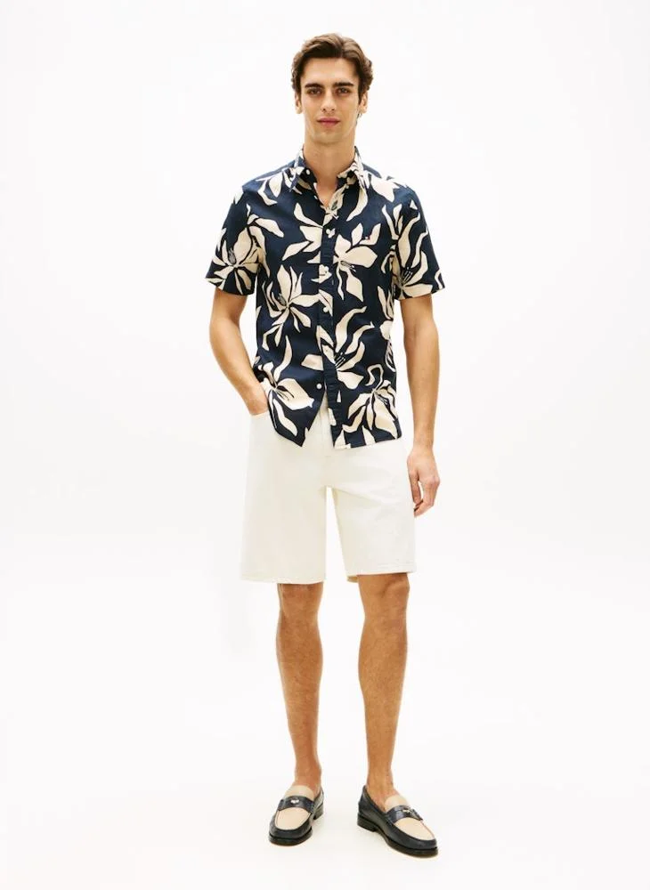 Tommy Hilfiger Dark Night Navy / Allover Regular Fit Linen Blend Short Sleeve Shirt for Men | Best Price UAE