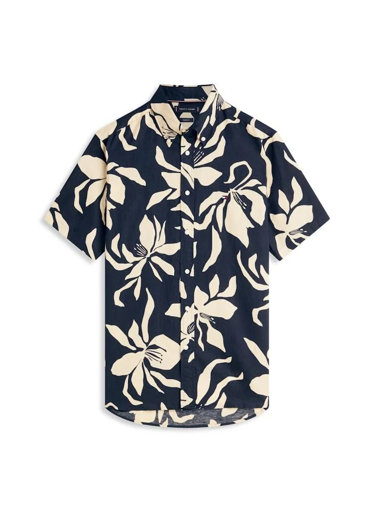 Tommy Hilfiger Dark Night Navy / Allover Regular Fit Linen Blend Short Sleeve Shirt for Men | Best Price UAE