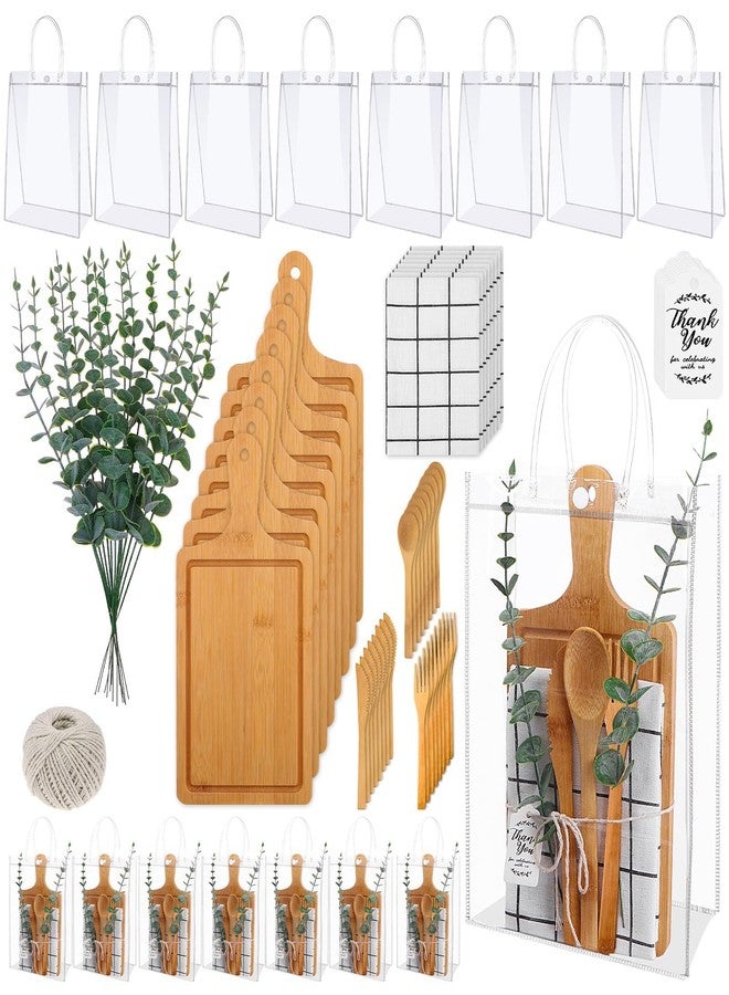 Beupy 8 Sets Baby Shower Prizes for Game Winner Baby Shower Games Guest Gifts Bamboo Cheese Board Spoons Forks Plaid Towel Artificial Eucalyptus Stems Tags Bags for Wedding Bridal Shower Favors - Image 1