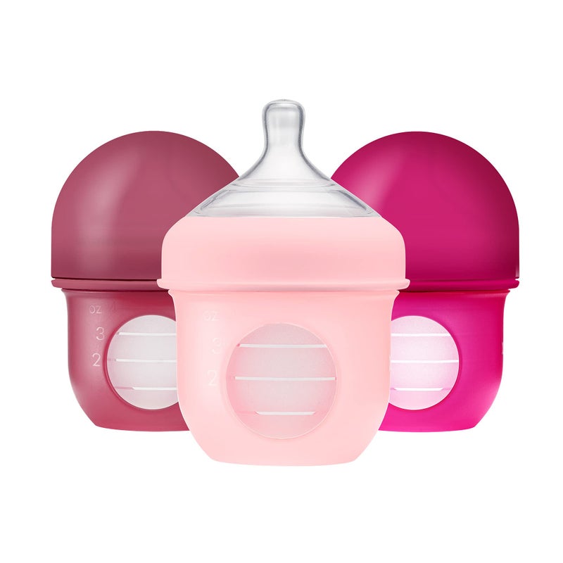 BOON Boon Nursh Reusable Silicone Pouch Baby Bottles Slow Flow Nipple Silicone Baby Bottle Pouch and Nipple Baby Feeding Essentials Pink 03 Months 3 Count 4 Ounce 