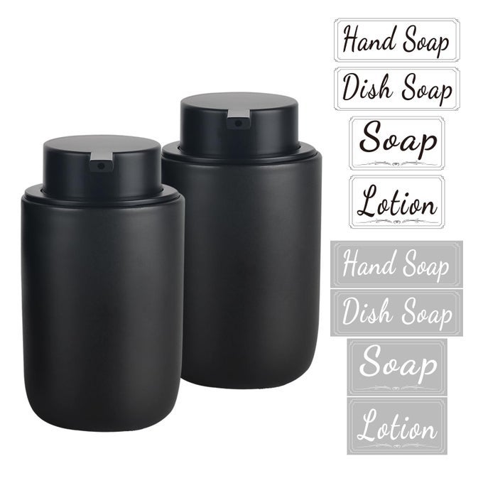 BLACK SOAP DISPENSER SET 2 PACK 12OZ CERAMIC DISH SOAP DISPENSER WITH RUST PROOF PUMP FOR KITCHEN HAND SOAP AND LOTION SET SUITABLE FOR FARMHOUSE BATHROOM DECOR WITH WATERPROOF LABELS