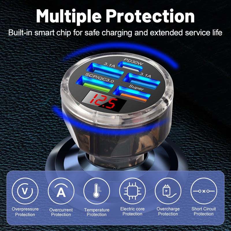 Three-Line Five-In-One Multi-Port Car Charger With Digital Display 5-Port Car Charger With Voltage One-To-Five Fast Charging Car Charger - Image 4