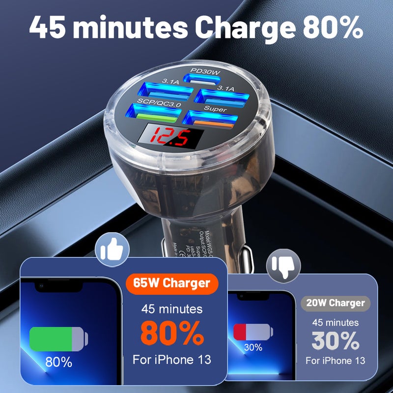 Three-Line Five-In-One Multi-Port Car Charger With Digital Display 5-Port Car Charger With Voltage One-To-Five Fast Charging Car Charger - Image 3