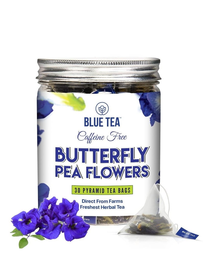 BLUE TEA BLUE TEA - Butterfly Pea Flower - 30 Tea Bags | SUPER ANTI-OXIDANT | Aparajita - Shankhpushpi | Natural Ingredients - Flower Based - Herbal Tea - Caffeine Free - Farm Fresh - Vegan | Detox Tea | Pet Jar Packaging  - Image 1