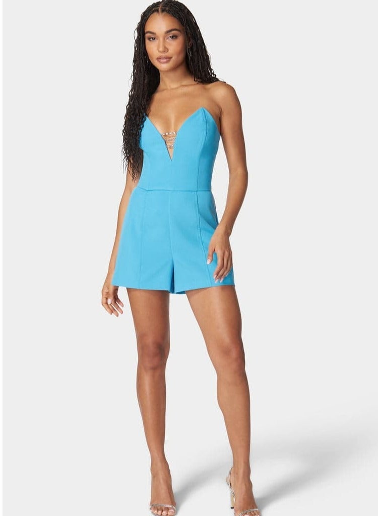 bebe STRAPLESS DEEP V NECK TRIM ROMPER - Image 1
