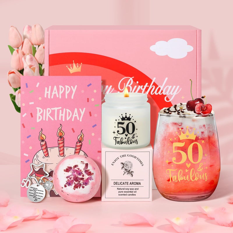 Tecanne 50th Birthday Gifts for Women Birthday Pamper Gifts for Her Personalised Glass 50th Wine Glass Gift Set Gin Gift Box for Mum Sister Best Friends