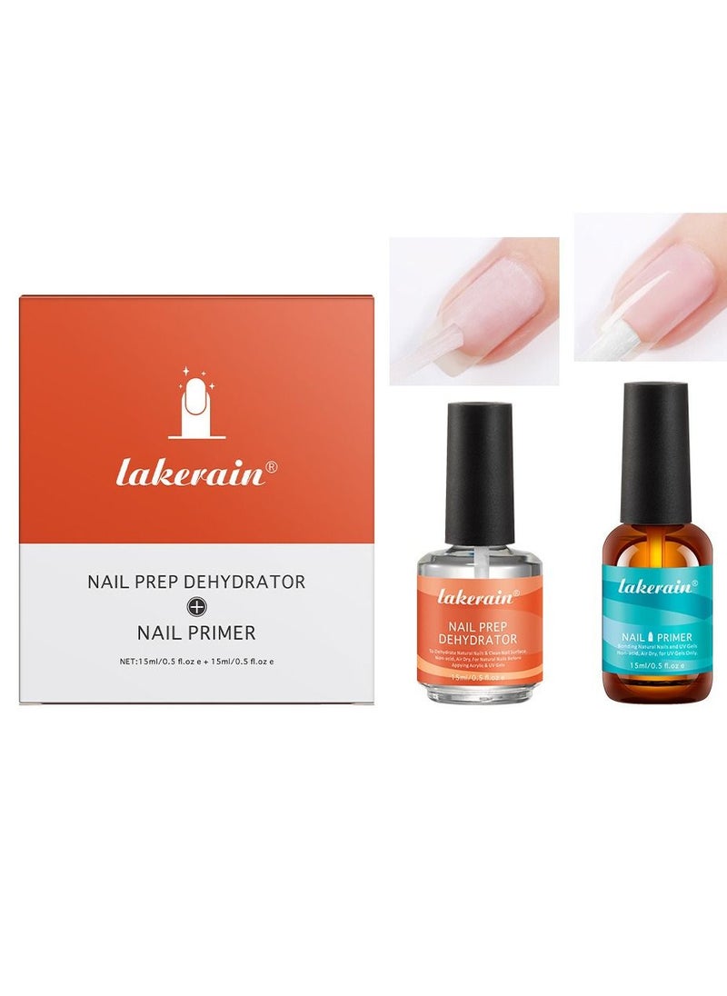 lakerain - 15ml Gel Nail Polish Nail Dehydrator and Primer, 2Pcs Acid Free Natural Nail Prep Dehydrate & Bond Primer Nail Bond, Air Dry Superior Bonding Primer for Acrylic Powder Nail Supplies Set - Image 1