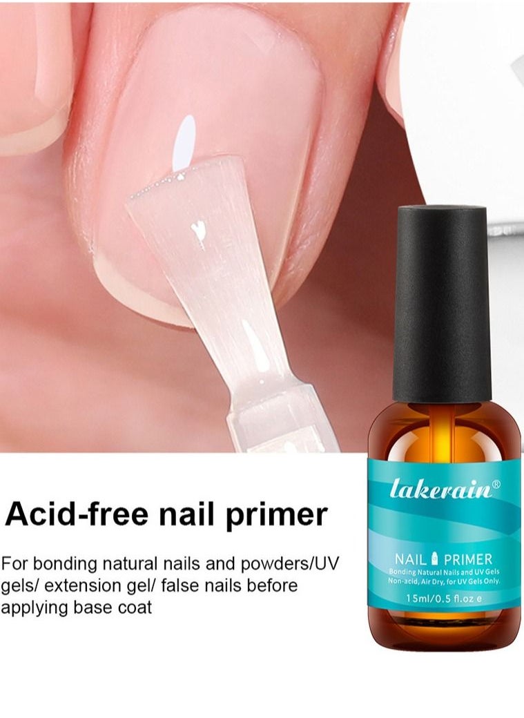 lakerain - 15ml Gel Nail Polish Nail Dehydrator and Primer, 2Pcs Acid Free Natural Nail Prep Dehydrate & Bond Primer Nail Bond, Air Dry Superior Bonding Primer for Acrylic Powder Nail Supplies Set - Image 1