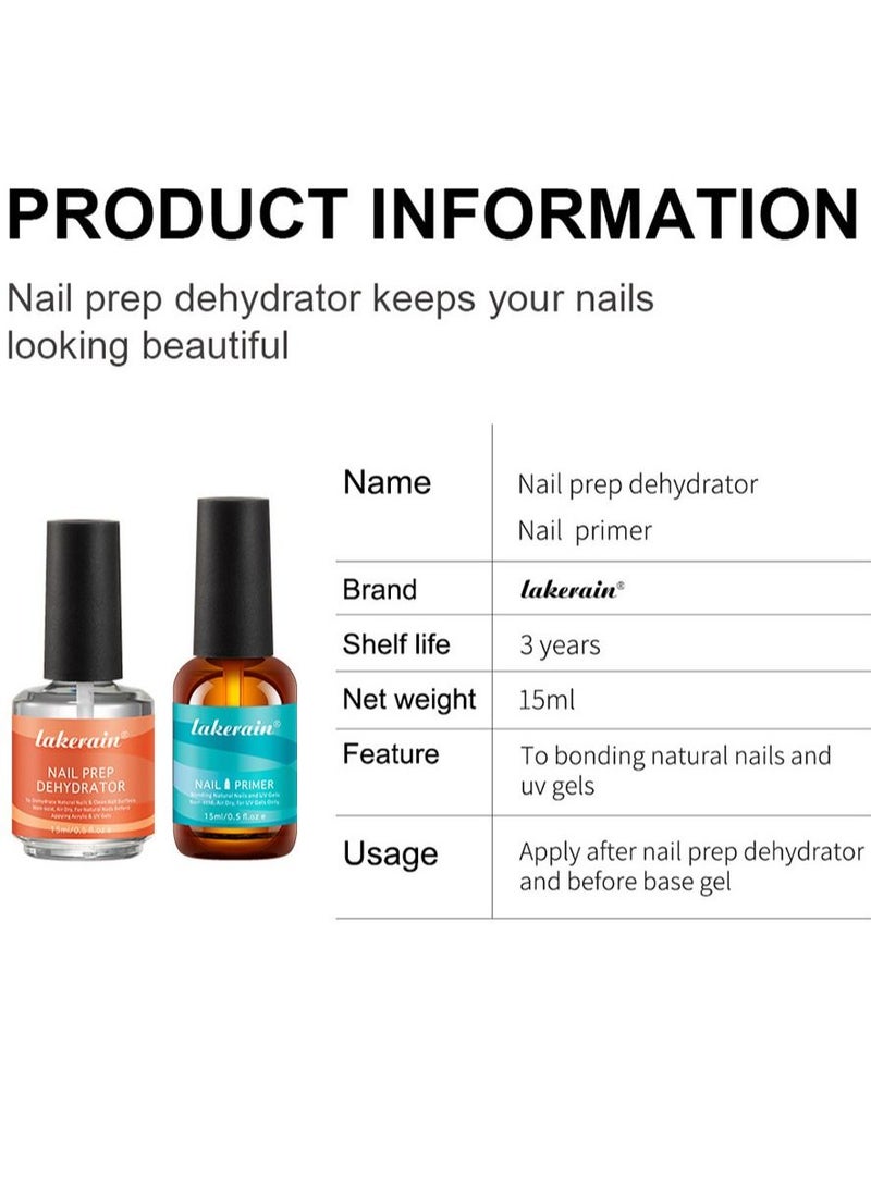 lakerain - 15ml Gel Nail Polish Nail Dehydrator and Primer, 2Pcs Acid Free Natural Nail Prep Dehydrate & Bond Primer Nail Bond, Air Dry Superior Bonding Primer for Acrylic Powder Nail Supplies Set - Image 1