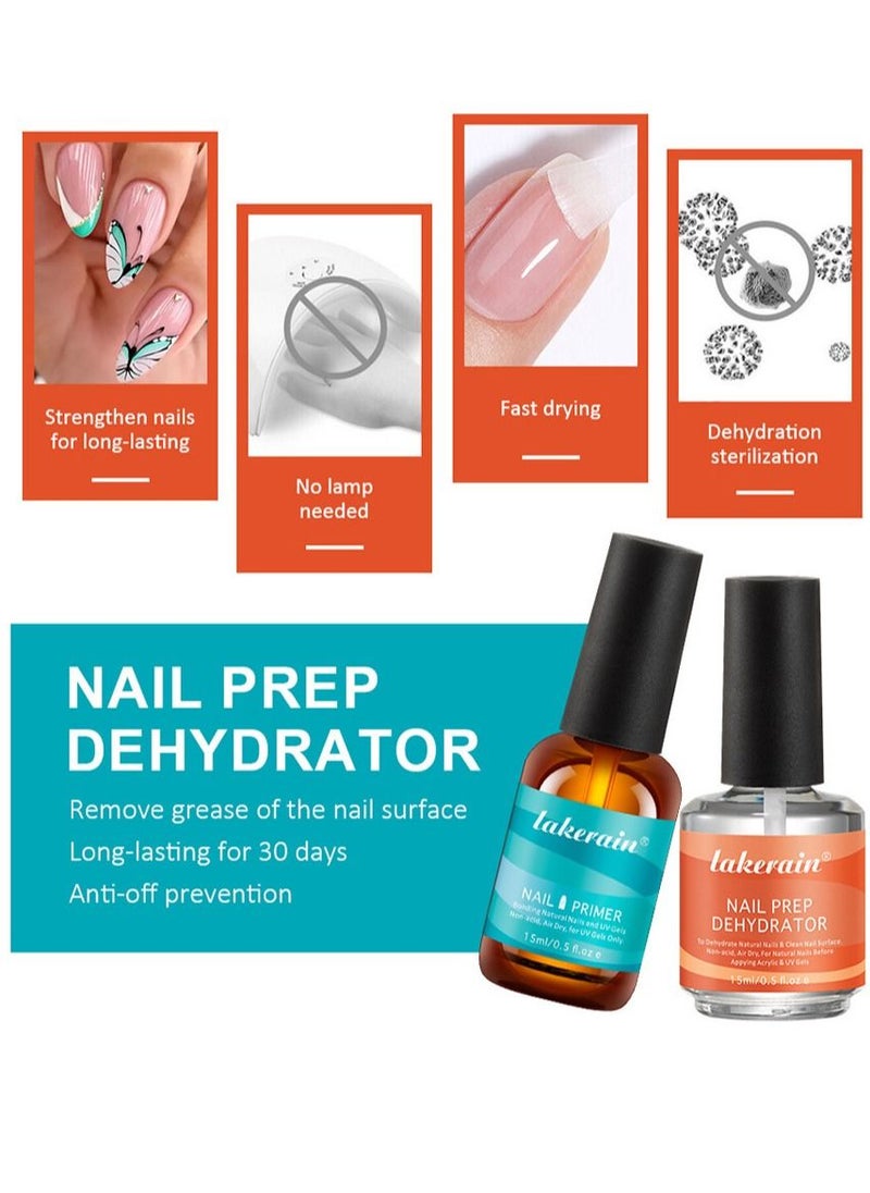 lakerain - 15ml Gel Nail Polish Nail Dehydrator and Primer, 2Pcs Acid Free Natural Nail Prep Dehydrate & Bond Primer Nail Bond, Air Dry Superior Bonding Primer for Acrylic Powder Nail Supplies Set - Image 1