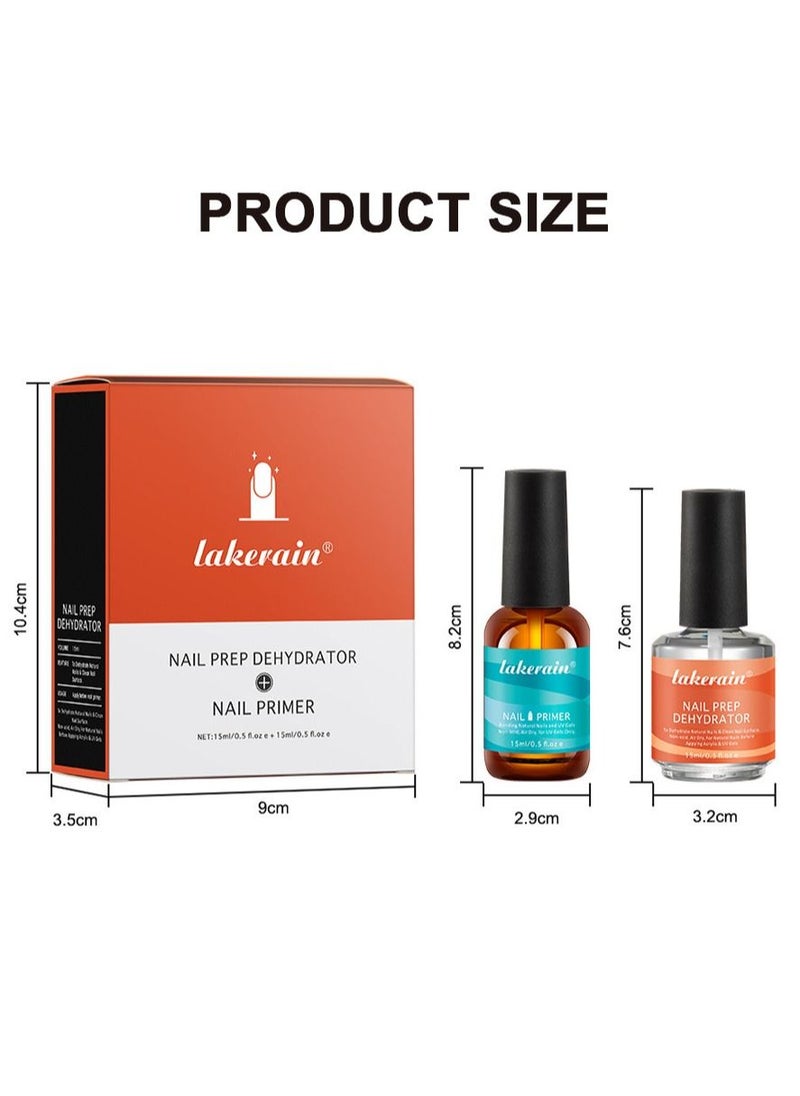 lakerain - 15ml Gel Nail Polish Nail Dehydrator and Primer, 2Pcs Acid Free Natural Nail Prep Dehydrate & Bond Primer Nail Bond, Air Dry Superior Bonding Primer for Acrylic Powder Nail Supplies Set - Image 1