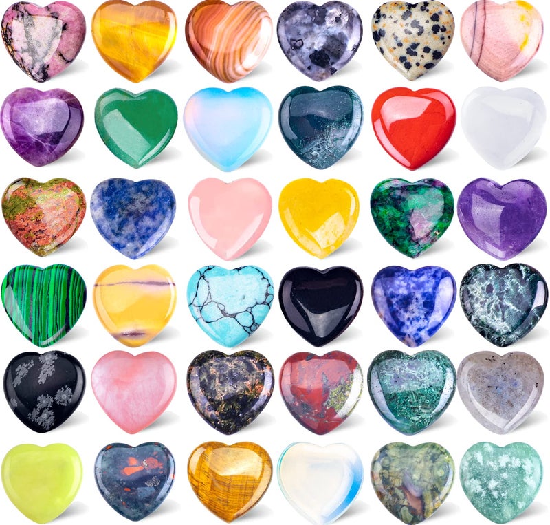 FORBY 40pcs Natural Heart Shaped Crystal Stones 08 Inch Pocket Hearts Bulk Stones Assorted Healing Crystals Chakra Hearts Shaped Gemstone for Anxiety Decoration Yoga Reiki Gifts137 to140g