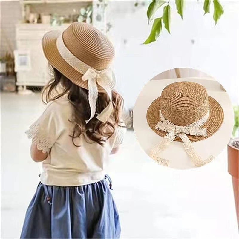 XYX Little Girl Kids Breathable Summer Straw Hat Foldable UV Protection Bowknot Wide Brim Floppy Beach Sun Visor Hats (Hat-Beige) - Image 3
