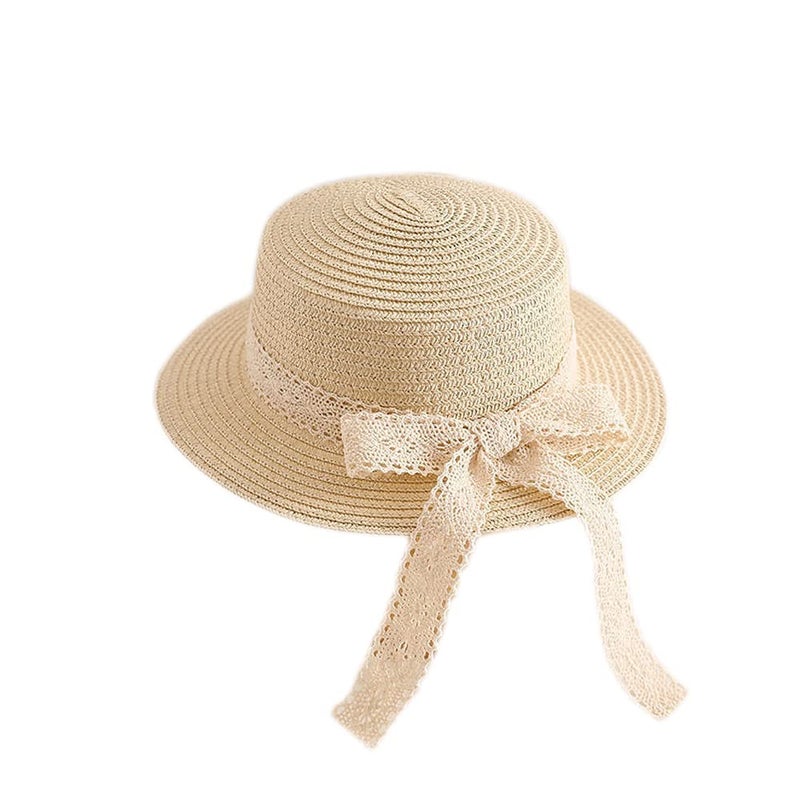 XYX Little Girl Kids Breathable Summer Straw Hat Foldable UV Protection Bowknot Wide Brim Floppy Beach Sun Visor Hats (Hat-Beige) - Image 1