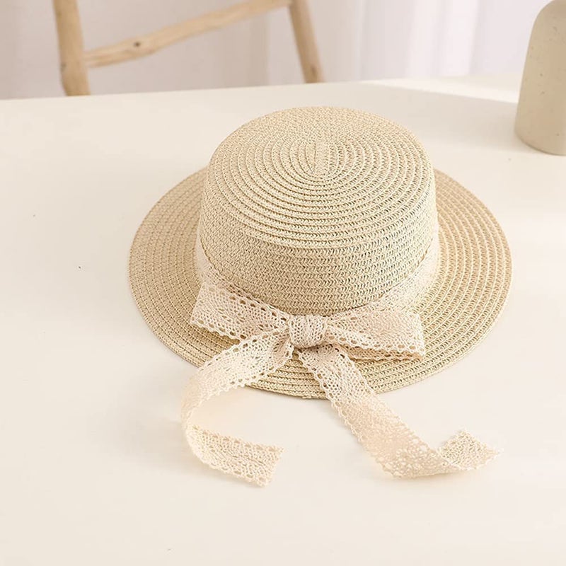 XYX Little Girl Kids Breathable Summer Straw Hat Foldable UV Protection Bowknot Wide Brim Floppy Beach Sun Visor Hats (Hat-Beige) - Image 5