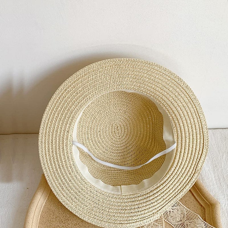 XYX Little Girl Kids Breathable Summer Straw Hat Foldable UV Protection Bowknot Wide Brim Floppy Beach Sun Visor Hats (Hat-Beige) - Image 4