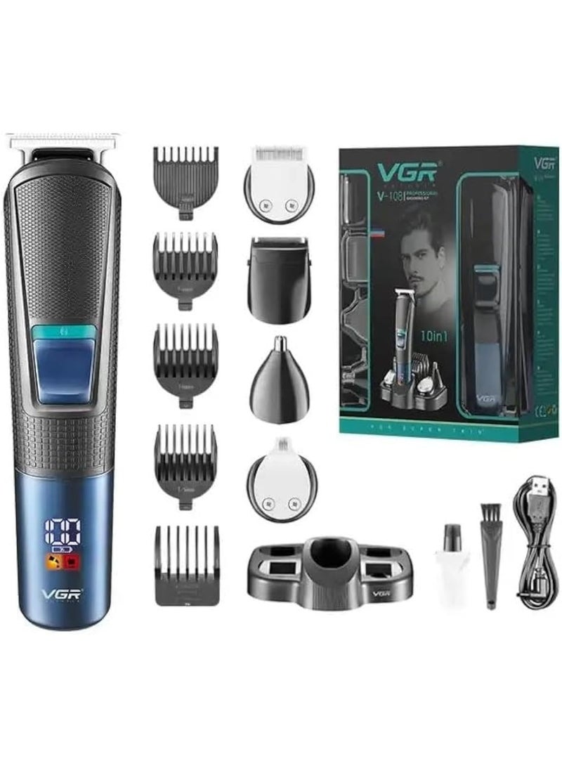 VGR V-108 Professional 10-in-1 Grooming Kit with LED Display, Versatile Men's Shaver, Suitable for Face, Head, Nose, Ear, and Body Grooming, 120-Minute Run Time , 1-Year Warranty BLACK/BLUE - Image 1
