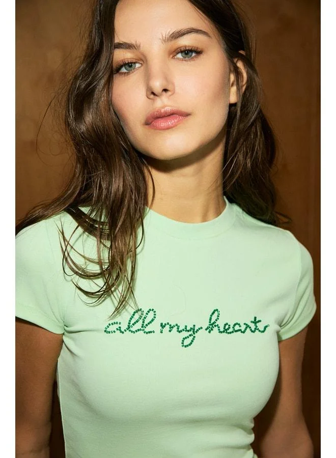 Grimelange PETROVAC Women's Soft and Stretch Fabric Printed and Sequin Pattern Mint Green T-Shirt.