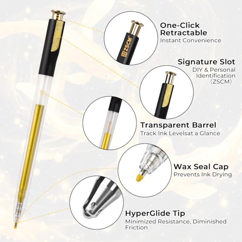 ZSCM Retractable Gold Gel Pen, 7 Nib Sizes - Precision Large Capacity Opaque Gold Archival Gel Ink Pens, Fine Point Smooth Writing Highlighter Pens for Black Paper Note Taking Aesthetic Art Supplies - Image 3