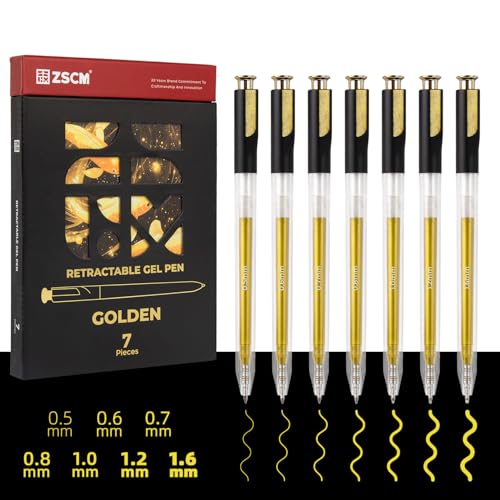 ZSCM Retractable Gold Gel Pen, 7 Nib Sizes - Precision Large Capacity Opaque Gold Archival Gel Ink Pens, Fine Point Smooth Writing Highlighter Pens for Black Paper Note Taking Aesthetic Art Supplies - Image 1