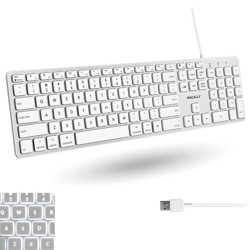 Macally Backlit Wired Keyboard for Mac | Compatible Apple Keyboard with Numeric Keypad | Comfortable All Day Typing, Compatible on MacBook Pro/Air, iMac, Mac mini/Pro - Silver - Image 1
