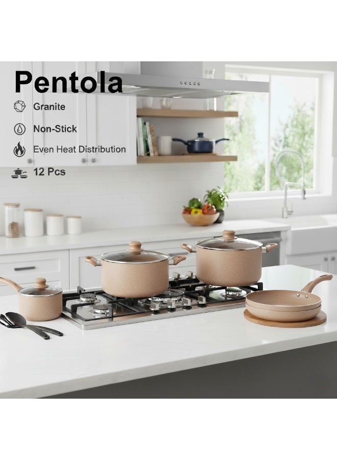 بينتولا بنتولا طقم قدور جرانيت غير لاصق 12 قطعة، بني - Image 2