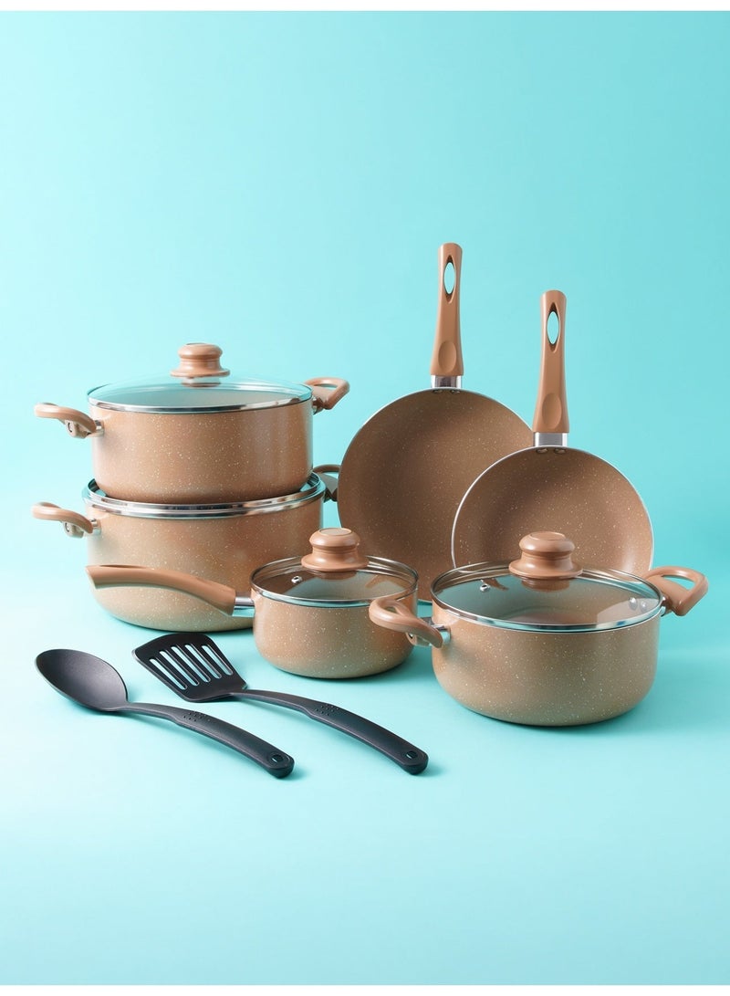 بينتولا بنتولا طقم قدور جرانيت غير لاصق 12 قطعة، بني - Image 1