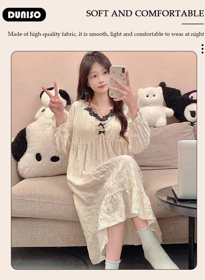 DUNISO Women's Long Sleeve Nightgown, Soft Comfortable Cotton Sleepwear Dress, Ventilate V Neck Home Wear with Brassiere Pad, Lounge Dress for Can Be Worn Outside - Image 3