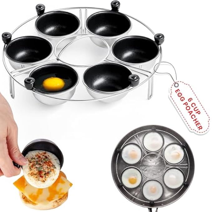 Eggssentials Egg Poacher  Stainless Steel Egg Rack  6 Poached Egg Maker Cups Pfoa Free Nonstick  9 Inch Diameter Egg Steamer Rack Fits Many Sized Pans Skillets - Image 2