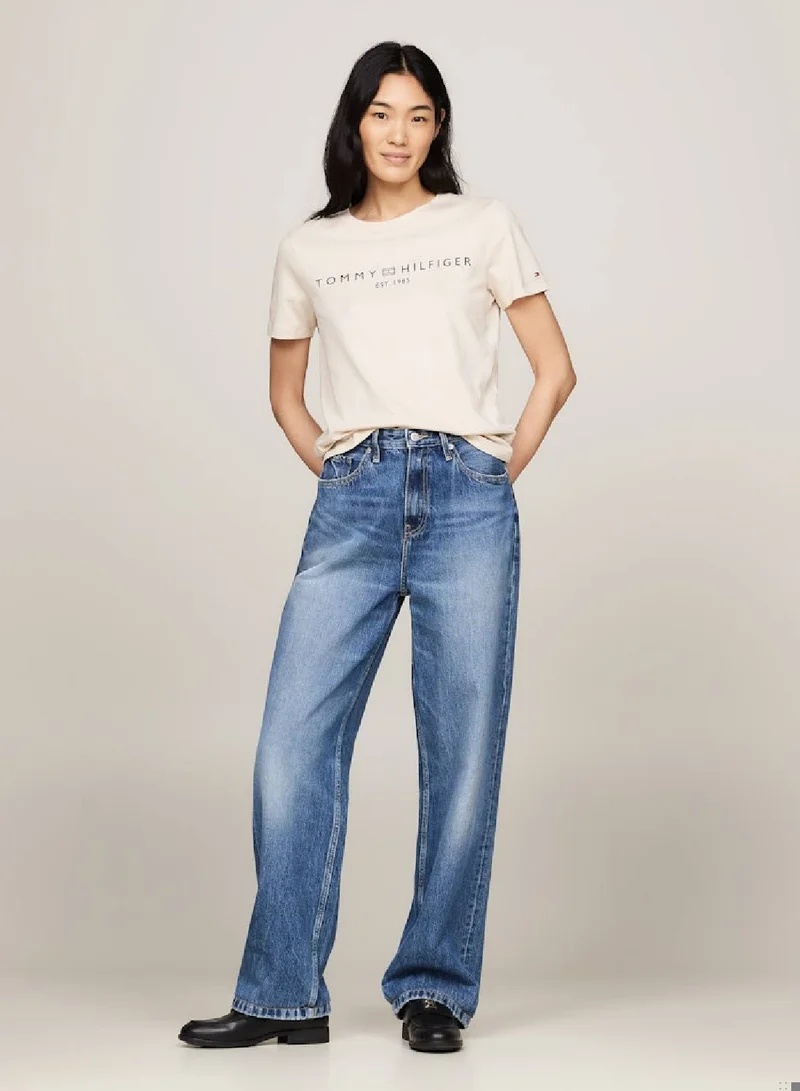 TOMMY HILFIGER Women's Curve Signature Logo Flag T-Shirt -  Pure cotton jersey, Beige