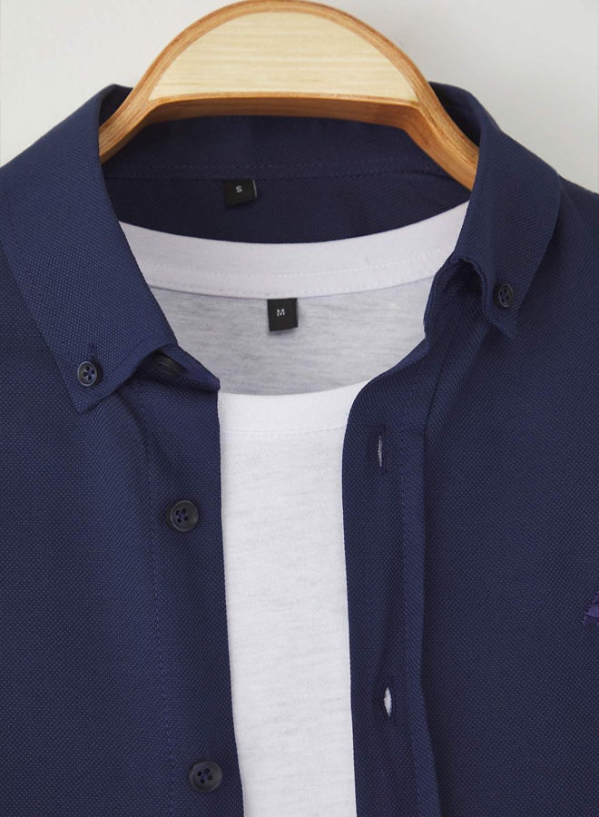 trendyol Navy Blue Regular Embroidered Easy-Iron Smart Oxford Shirt - Image 4