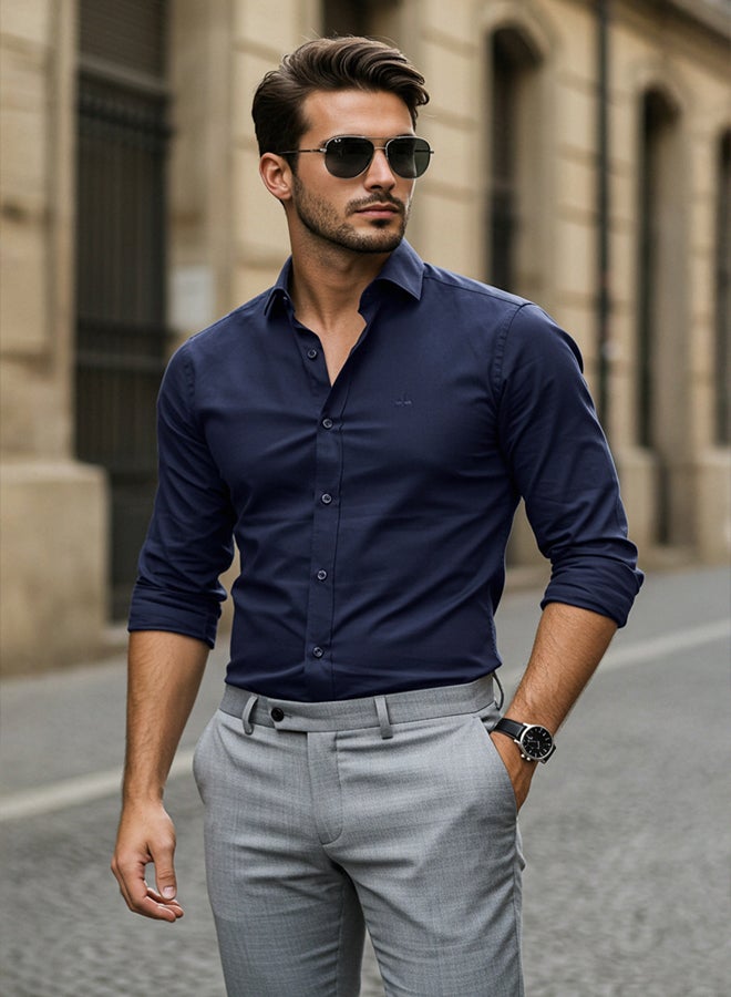 trendyol Navy Blue Regular Embroidered Easy-Iron Smart Oxford Shirt - Image 1