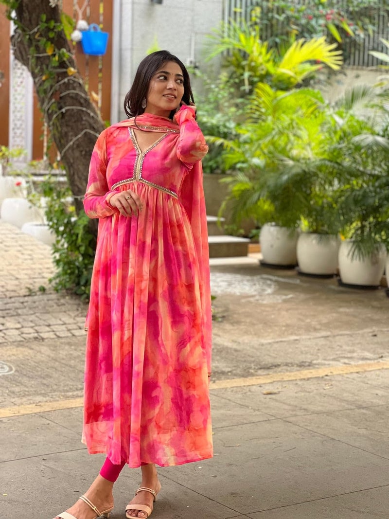 KD Women's Anarkali Floral Printed Georgette Kurta Pant Set with Dupatta (Pink, L) - Image 2