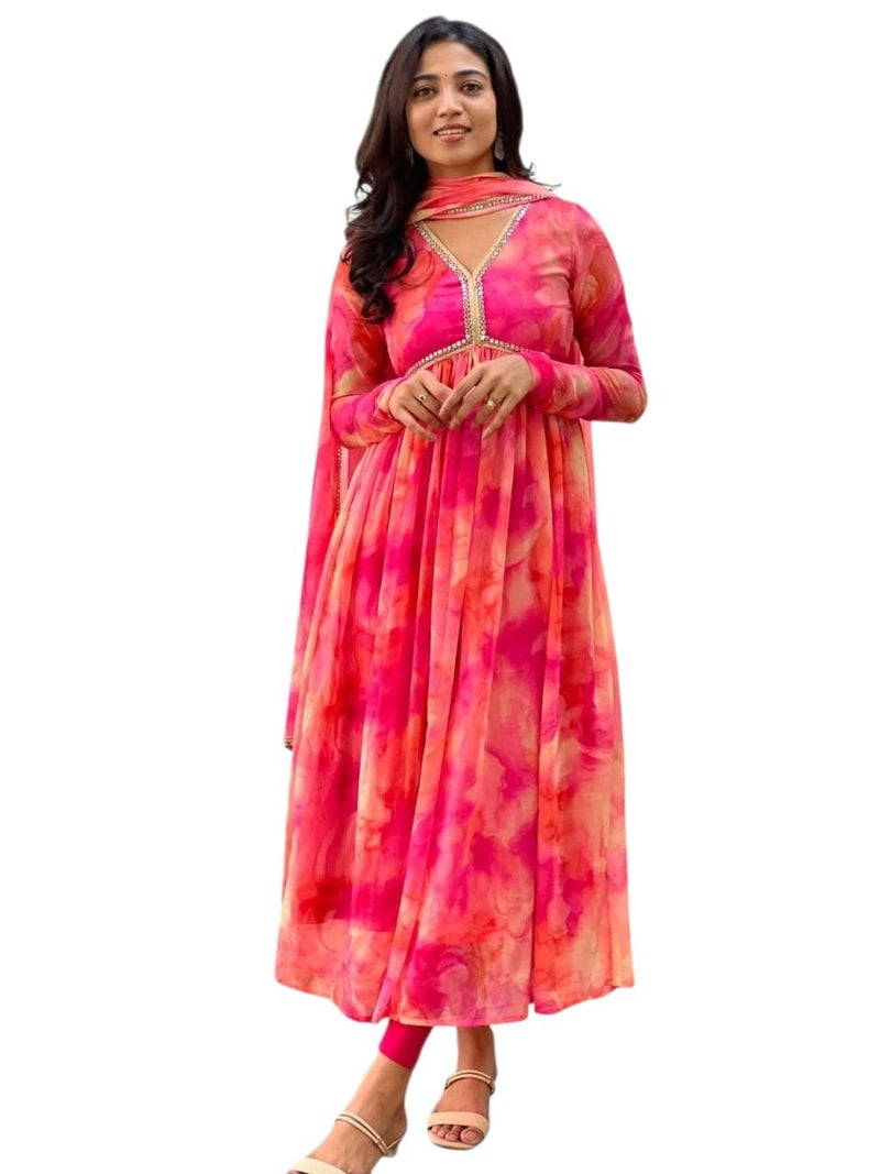 KD Women's Anarkali Floral Printed Georgette Kurta Pant Set with Dupatta (Pink, L) - Image 1