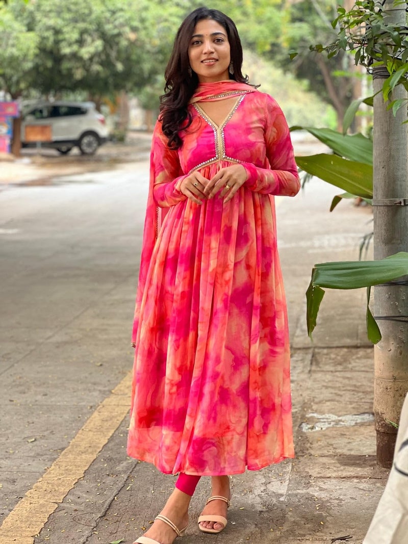 KD Women's Anarkali Floral Printed Georgette Kurta Pant Set with Dupatta (Pink, L) - Image 3