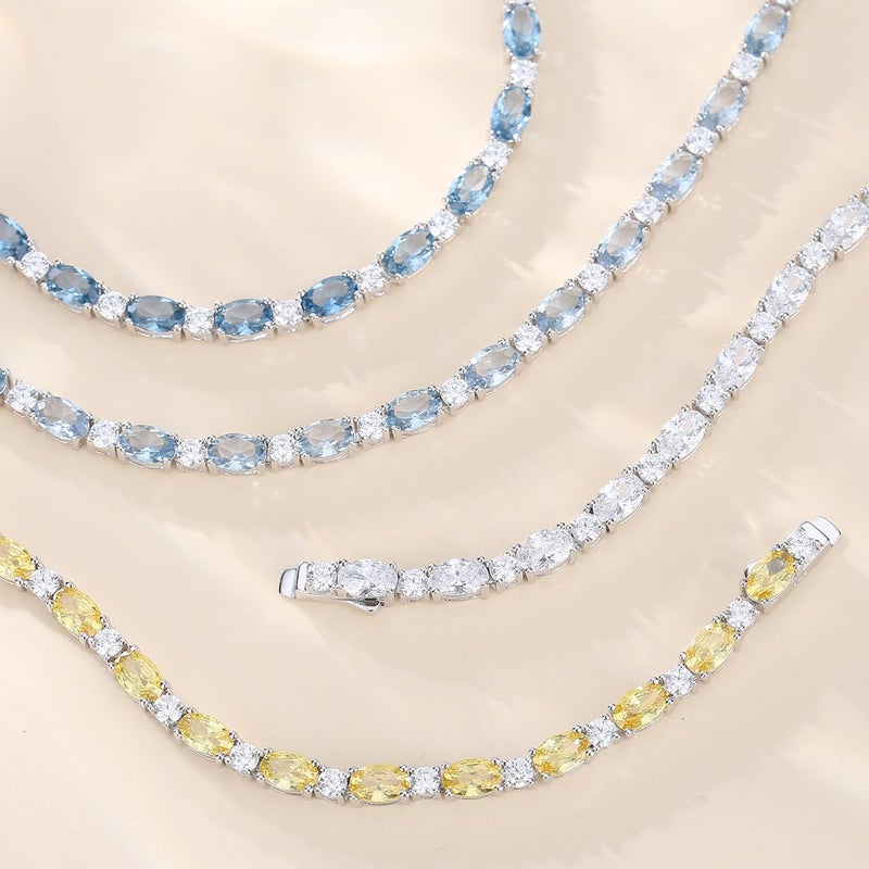FANCIME Sterling Silver Created Aquamarine Tennis Bracelet March Birthstone Bracelet Oval CZ Dainty Charm Fine Jewelry for Women 7" - Image 4