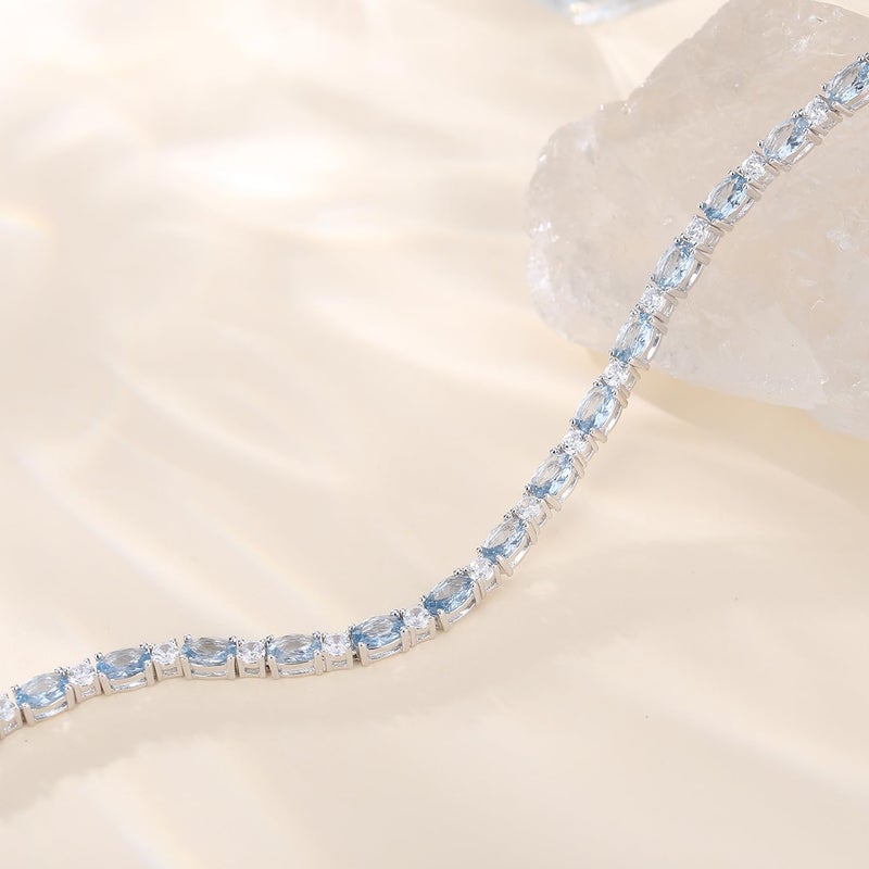 FANCIME Sterling Silver Created Aquamarine Tennis Bracelet March Birthstone Bracelet Oval CZ Dainty Charm Fine Jewelry for Women 7" - Image 2