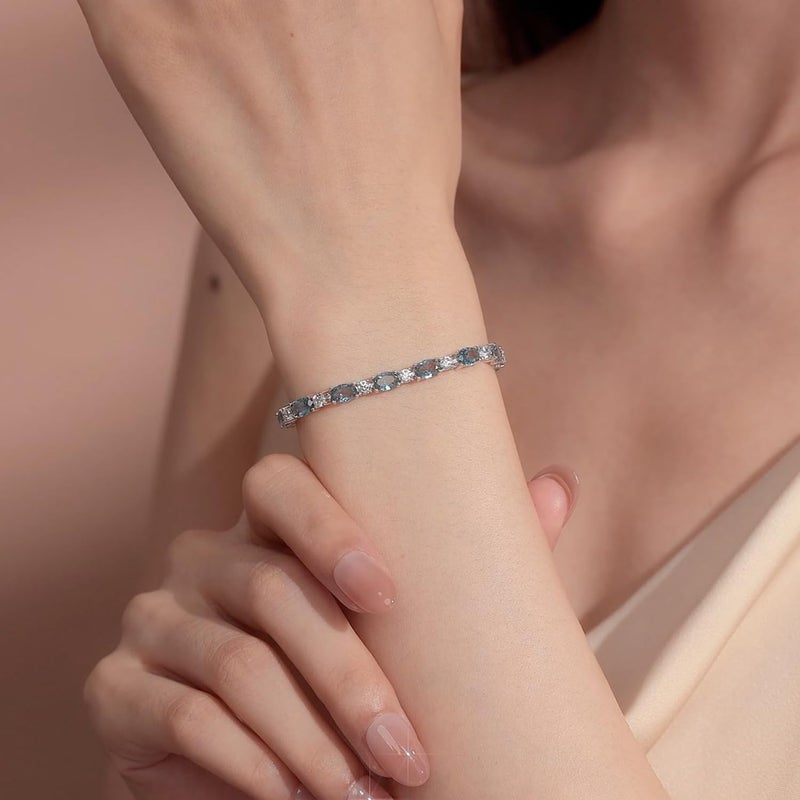 FANCIME Sterling Silver Created Aquamarine Tennis Bracelet March Birthstone Bracelet Oval CZ Dainty Charm Fine Jewelry for Women 7" - Image 3