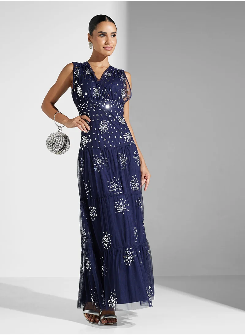 Amelia Rose Embellished V-Neck Mesh Detailed Dress
