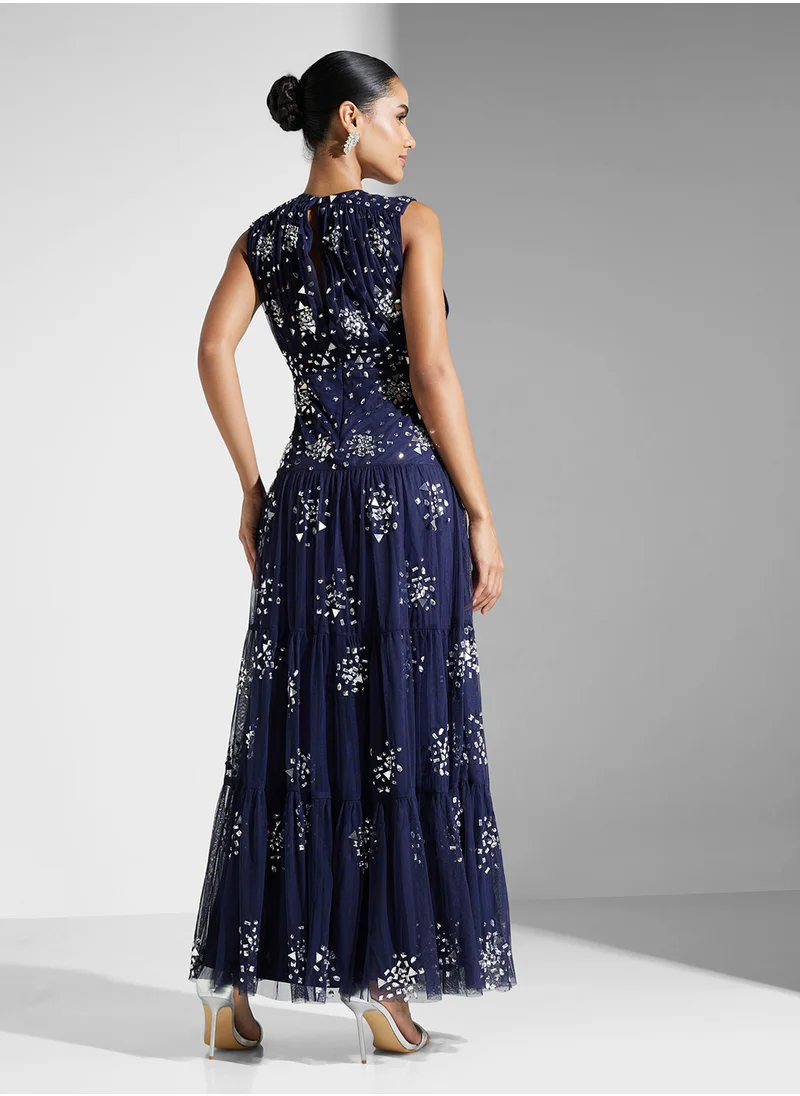 Amelia Rose Embellished V-Neck Mesh Detailed Dress