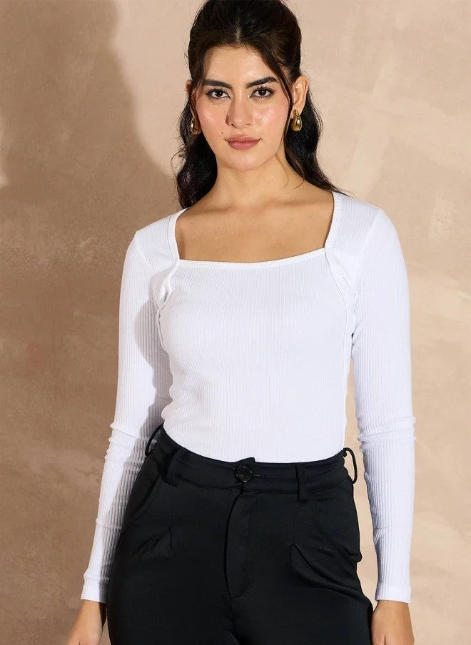 SASSAFRAS SASSAFRAS Women White Square Neck Fitted Top