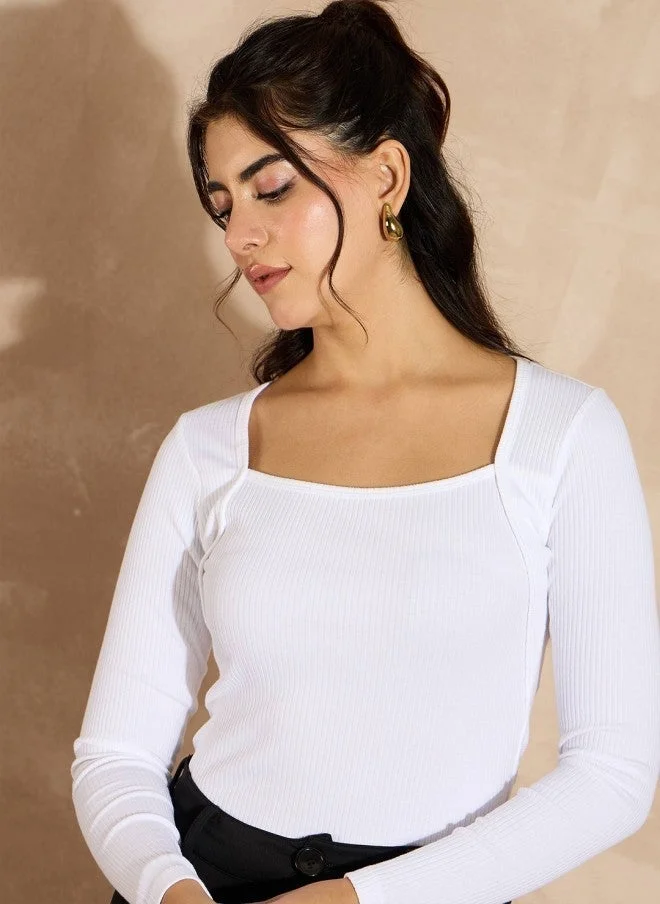 SASSAFRAS SASSAFRAS Women White Square Neck Fitted Top