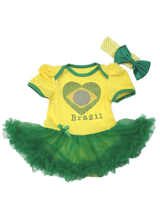Rhinestones Brazil Heart Baby Dress Nb-18m (Yellow/Green, 6-12 Months)