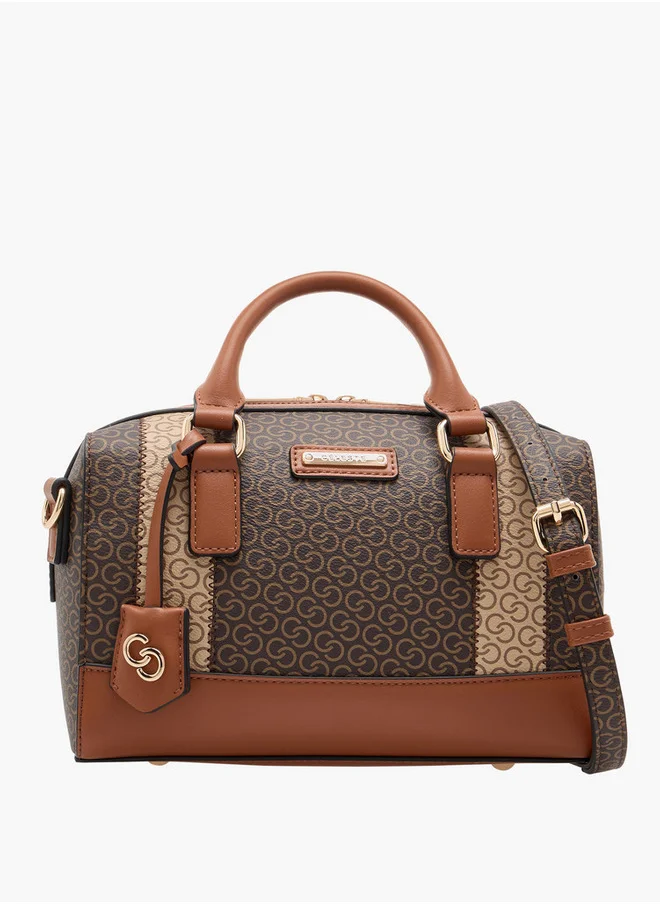 Celeste Women's Monogram Print Bowler Bag with Double Handle and Zip Closure