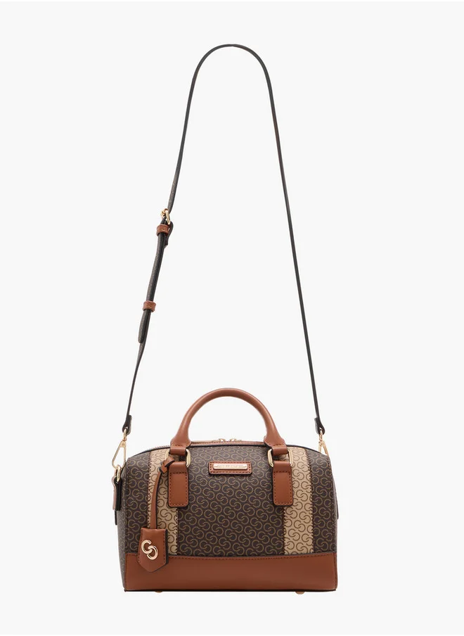 Celeste Women's Monogram Print Bowler Bag with Double Handle and Zip Closure
