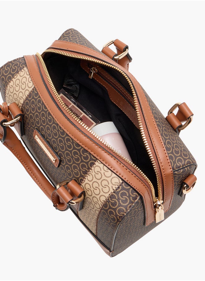 Women's Monogram Print Bowler Bag with Double Handle and Zip Closure